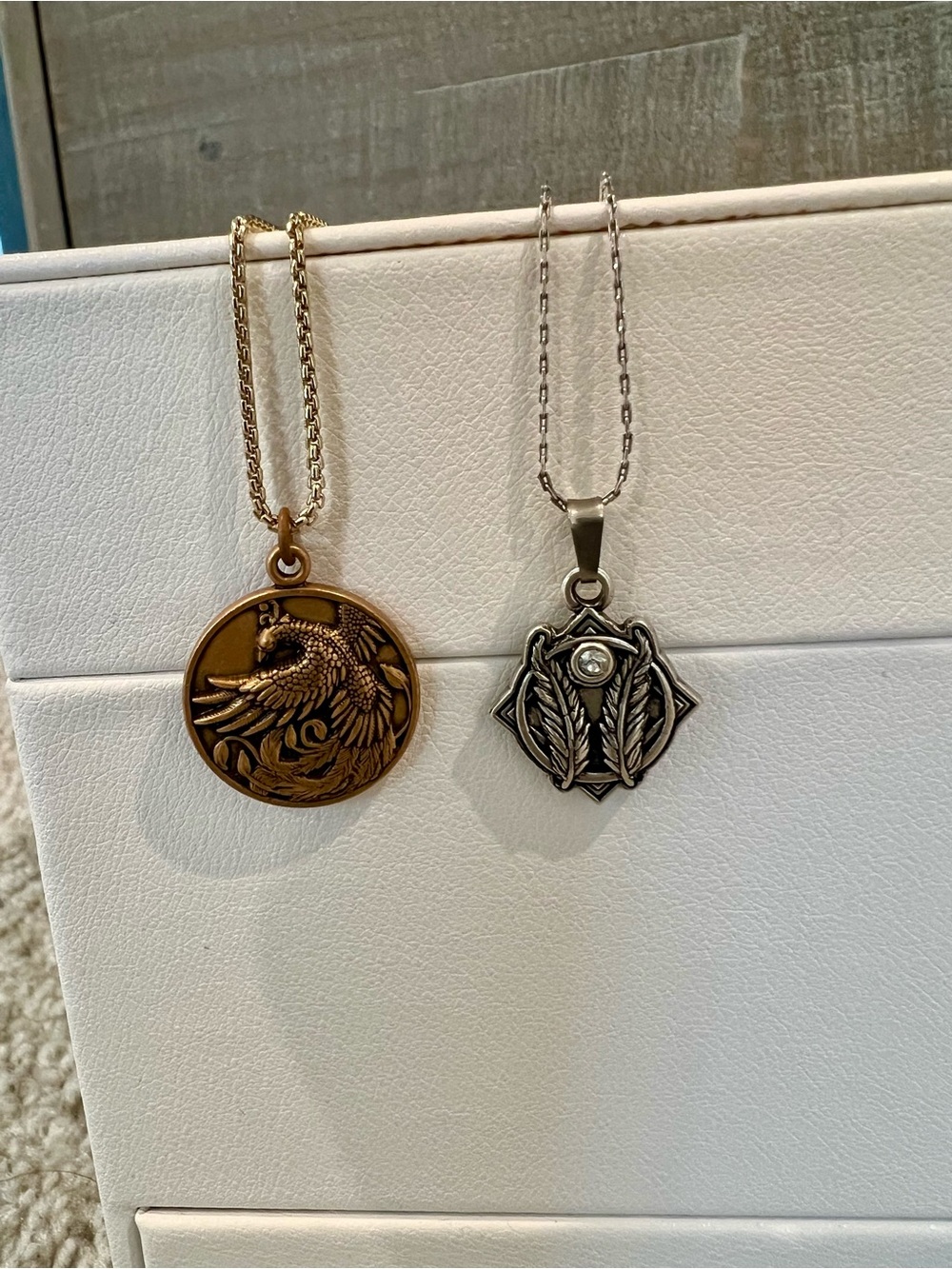 Alex and Ani bronze tone phoenix and silver tone feather necklaces